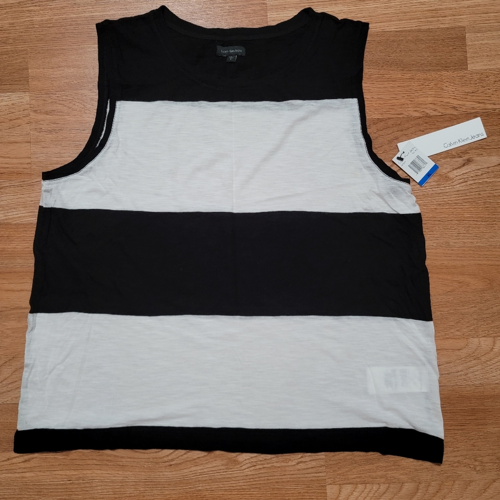 XL Calvin Klein Black and White Wide Striped Tank Top